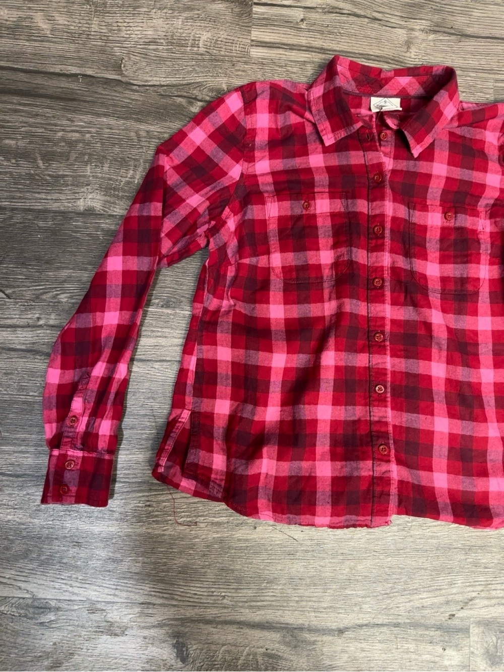 St. John’s Bay Women’s Petite Small Red Pink Plaid Button Down Flannel Shirt - Picture 3 of 5